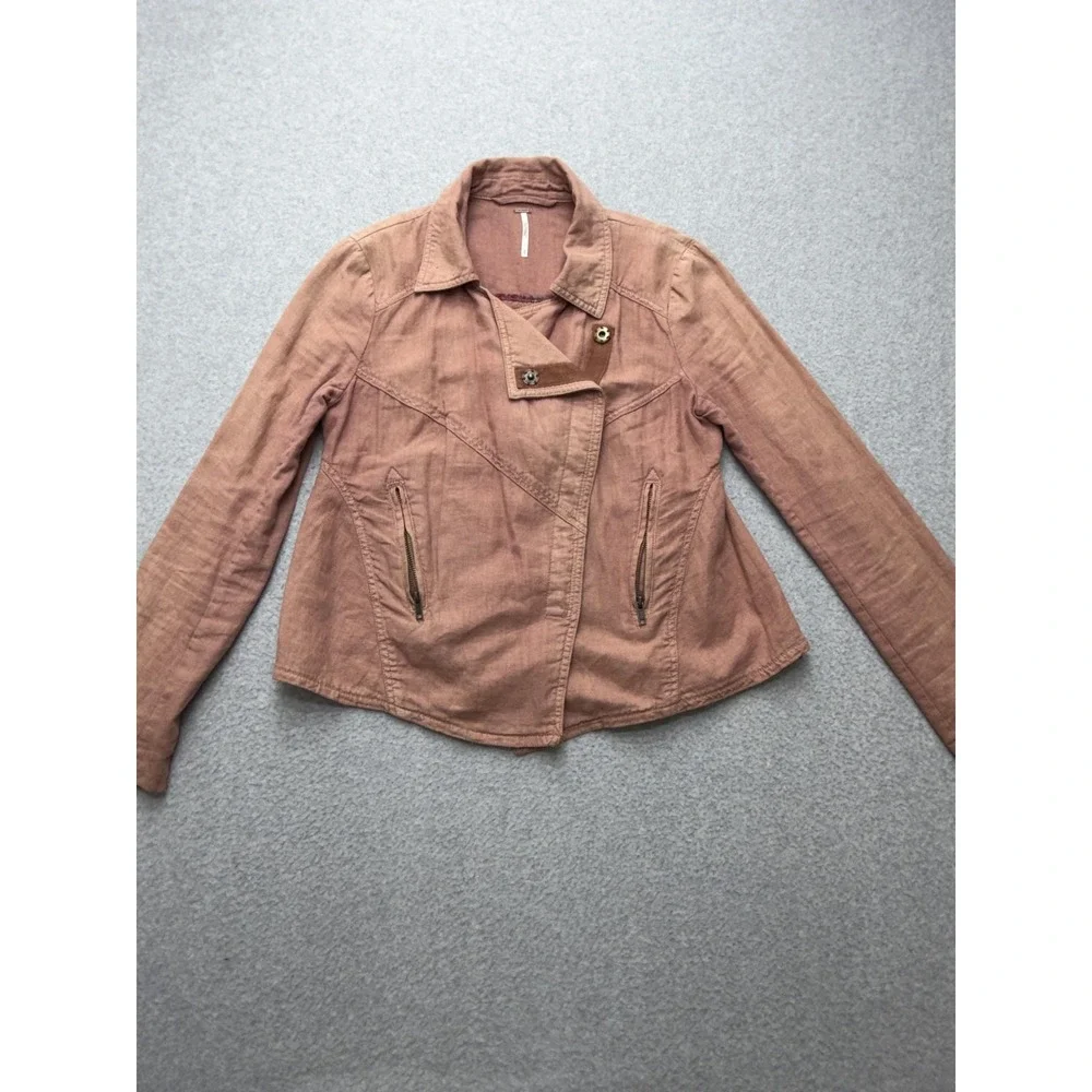 Free People Jacket Womens XS Pink Linen Blend Moto Asymmetrical Zip Biker Canvas